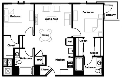 Floor plan for 2 beds, 2 baths, 1012 sqft